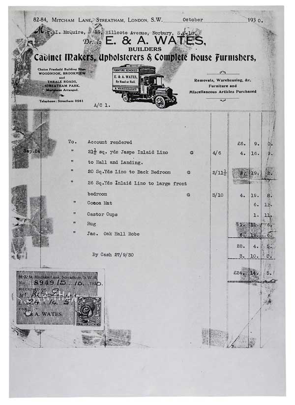 E & A Wates oldest existing invoice, 1930 © E & A Wates 